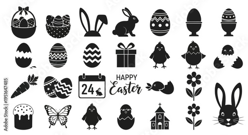 Happy Easter holiday icons including eggs, bunnies, chicks, baskets, and cakes