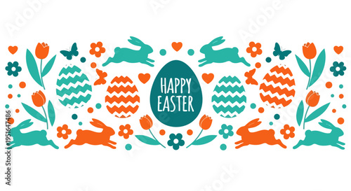 Colorful Easter holiday banner with cheerful bunnies, patterned eggs, and fresh spring flowers, perfect for festive celebrations and seasonal greetings