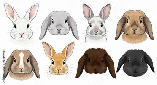 A diverse collection of charming illustrated rabbit faces, showcasing various breeds with distinct fur colors, ear types, and expressive features on a clean white background