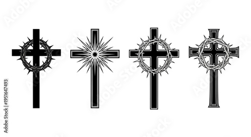 Vector illustration set of stylized Christian crosses, depicting religious symbols of faith, salvation, and sacrifice, suitable for spiritual designs and worship concepts