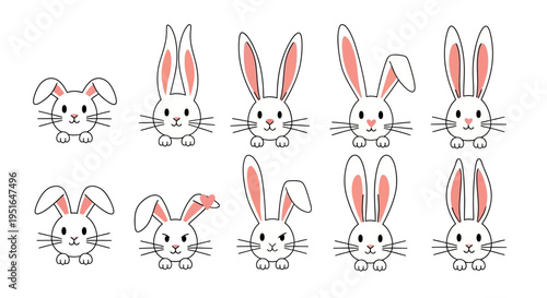 Cute Cartoon White Rabbit Heads Collection with Various Ear Positions and Facial Expressions, Ideal Vector Illustration for Kids' Designs and Spring Themes