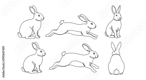 Set of six line drawings of rabbits in various poses, including sitting and running