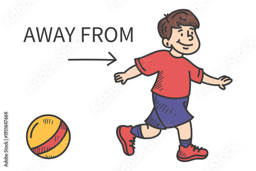 Boy moving away from the ball doodle vector isolated. Hand-drawn illustration of child going away from his toy. Idea of learning English preposition, school education, grammar and vocabulary.