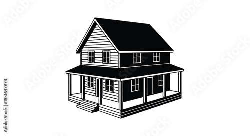 A striking black and white illustration depicts a classic two story farmhouse with a front porch a silhouette high quality professional detailed