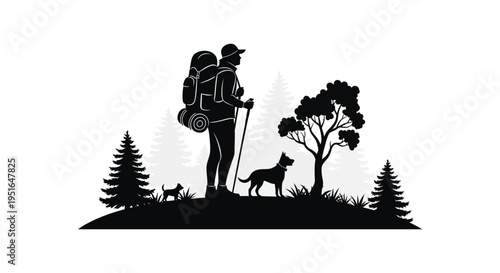 A lone hiker with a backpack and dog traverses a forested landscape captured in a striking silhouette high quality professional detailed