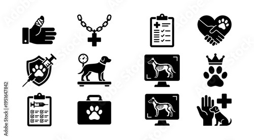 A collection of black and white icons related to veterinary care, including dogs, medical symbols, and paw prints, suitable for use in healthcare, pet care, or animal hospital marketing materials.