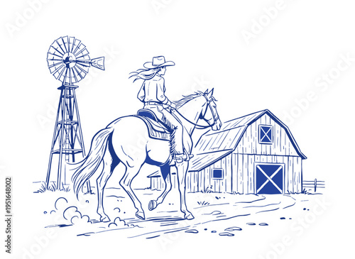 Cowgirl riding horse vintage artwork. Western farm design for apparel. Barn and windmill landscape. Ranch life illustration. Wild west adventure.