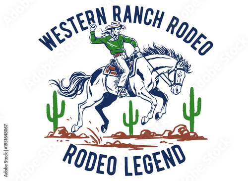 Western ranch rodeo vintage artwork for t shirt. Cowboy horse riding design. Rodeo legend graphic for apparel. Desert cactus background. Wild west.