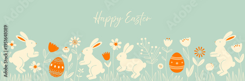 Cute Easter horizontal seamless pattern. Easter seamless border with decorated eggs, bunnies, flowers. Festive horizontal holiday pattern, great for Easter Cards, banner - hand drawn vector design