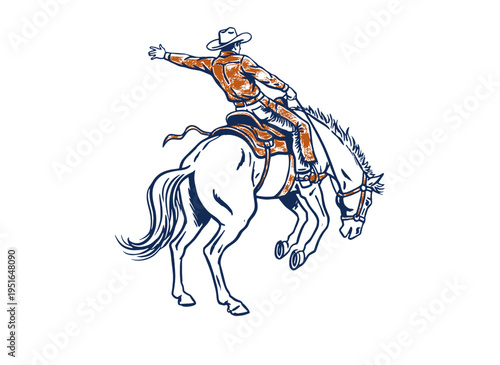 Cowboy horse vintage artwork for t-shirt. Rodeo artwork for apparel and sticker. Western adventure vector design. Wild west spirit. Bronco rider.