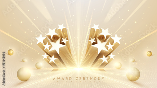 Luxury golden award ceremony background with 3D stars, sphere balls and glowing light rays. Vector illustration.