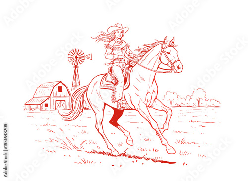 Cowgirl on horse vintage artwork for t shirt. Wild west farm scene. Apparel and poster. Horse rider hand sketch. Red and black graphic design.