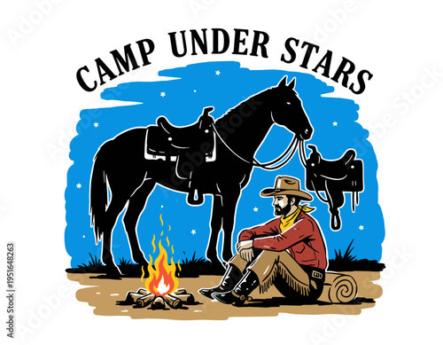 Cowboy camp under stars vintage artwork.. Wild west adventure.. Horse and campfire graphics.. Retro western poster.. Night camping trip.