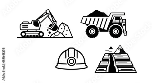 Mining and Construction Equipment Icons - Excavator, Dump Truck, Hard Hat, and Mine Entrance.