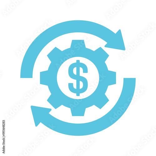 A blue icon of a gear with a dollar sign in the center surrounded by two curved arrows
