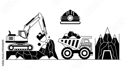 Mining industry equipment and operations with excavator, dump truck, and mine entrance.