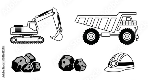 Mining and Construction Equipment with Hard Hat and Rocks.