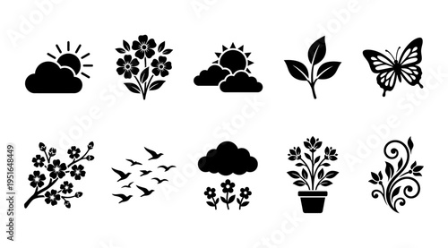 A collection of black silhouettes featuring various plants, flowers, butterflies, and clouds on a clean white background, ideal for use in design, decoration, and educational materials.