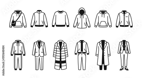 This image features a diverse collection of stylish clothing and coats illustrations, including jackets, hoodies, sweaters, and more, perfect for fashion design, marketing, and advertising materials.