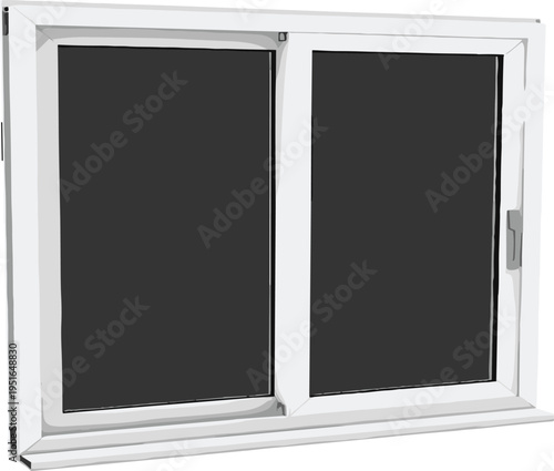 White double pane sliding window with dark gray glass and silver handle white frame