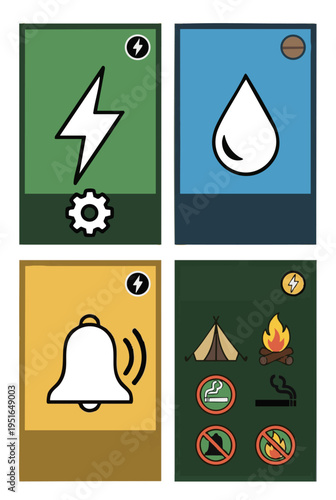 Four camping and outdoor utility icons for power, water, alarms, and rules.