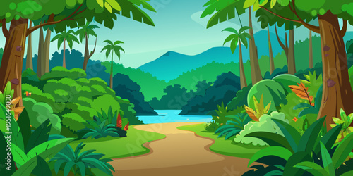 Green jungle tropical rain forest nature landscape background paper art style.Vector illustration.