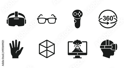 A collection of black and white icons representing virtual reality and technology concepts, suitable for use in tech marketing, advertising, and educational materials.
