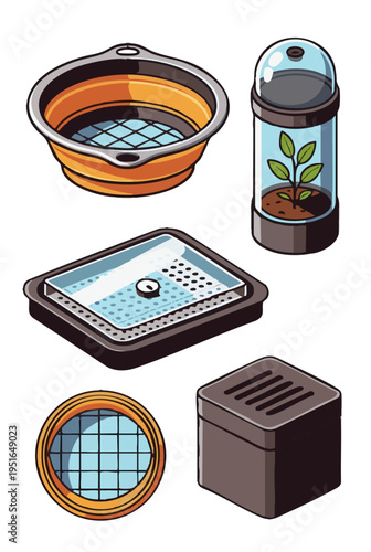 Sustainable gardening tools with a terrarium, seed sprouting tray, and ventilation box.