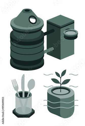 Sustainable outdoor gear with water filtration system, hydroponic plant, and cutlery.