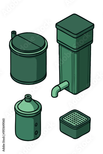 Off-grid sanitation systems including composting toilet, rain barrel, and water filter.