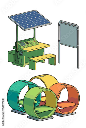 Solar-powered outdoor workstation canopy with colorful circular seating booths.