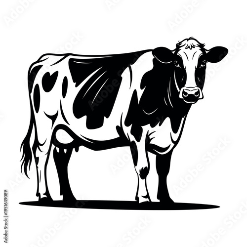 A black and white illustration of a cow standing alone