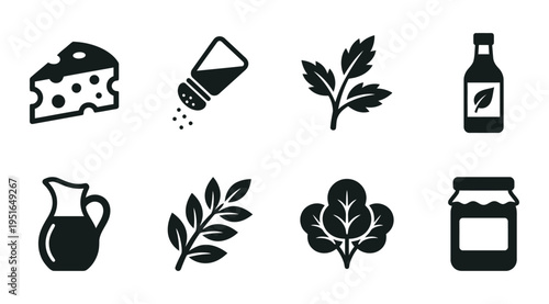 A collection of black and white icons representing various food and drink items, including cheese, salt shaker, herbs, oil bottle, milk jug, and jar, perfect for use in culinary or recipe designs.