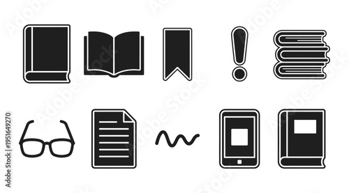 a collection of black and white icons representing books, documents, and electronic devices, suitable for use in educational or business contexts