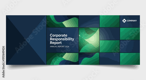 Corporate Responsibility Report Cover Design with Abstract Green and Blue Geometric Shapes.