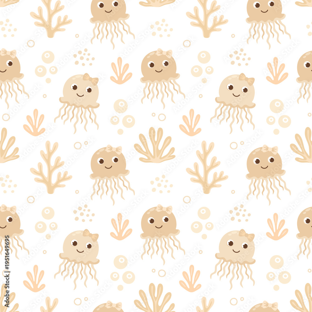 Naklejka premium Under the sea. Marine animals. Vector seamless pattern. Jellyfish.