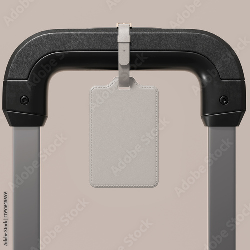 Leather bag tag branding on suitcase handle mockup. 3D rendering