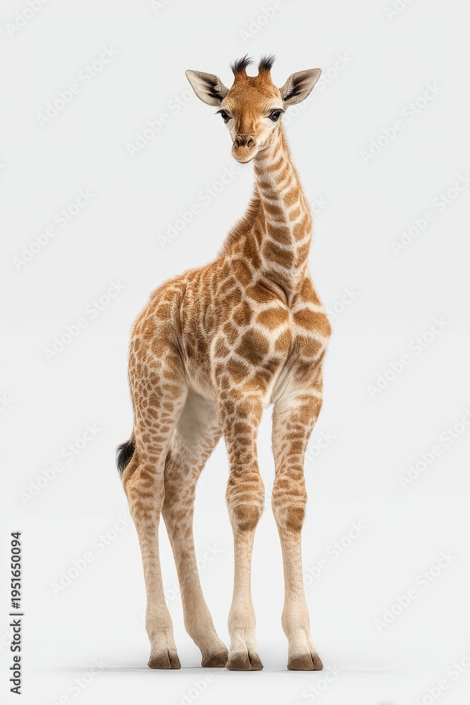 Obraz premium A charming baby giraffe isolated against a white backdrop, exuding innocence and charm