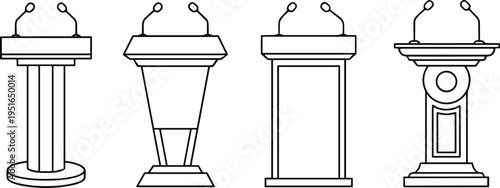 Set of wooden and modern podium rostrum stands with microphones for speech conference presentation and political debate icons,