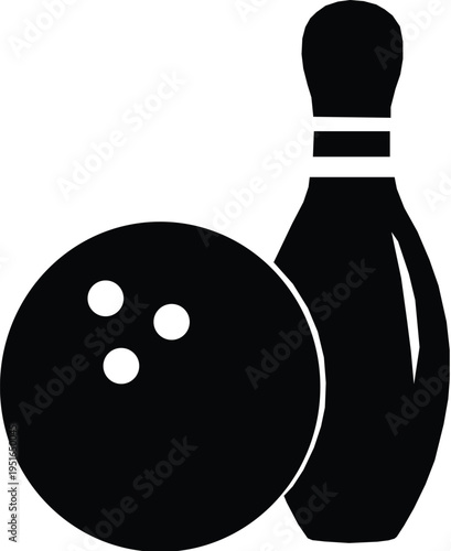 Black bowling ball and pins 3d illustration for sport game activity silhouette vector.