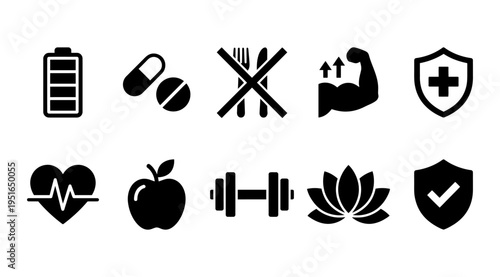 a set of black icons representing health, wellness, and nutrition concepts, including fitness and medical symbols, on a white background, useful for marketing, advertising, and educational materials