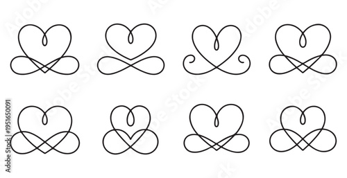 Eight ornate heart infinity symbols on white background decorative calligraphy vector illustration