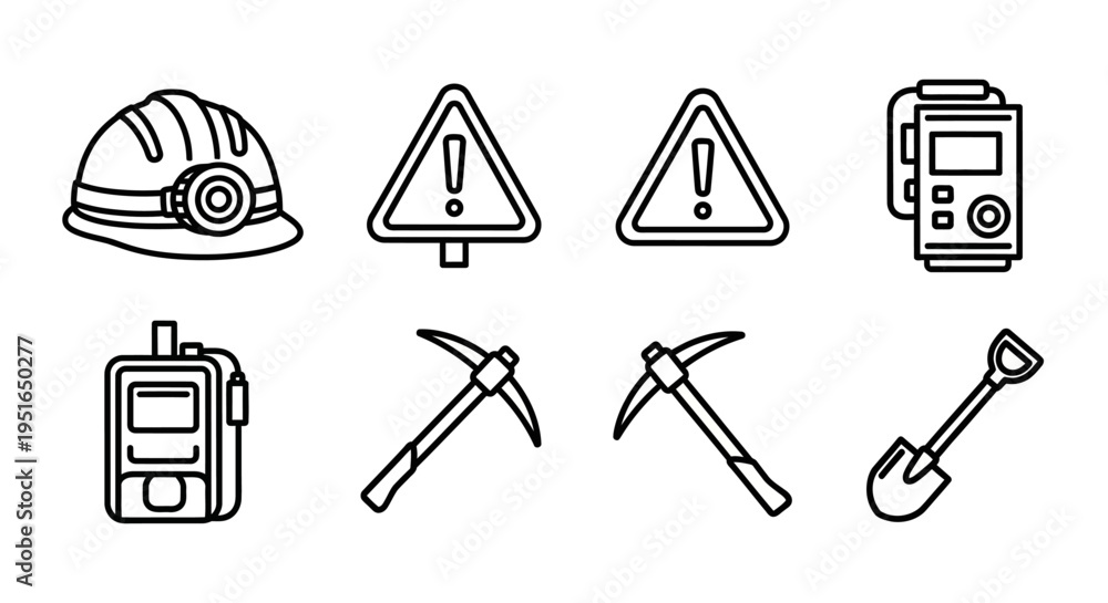 Fototapeta premium Mining and Construction Safety Equipment and Tools Line Art Icons.