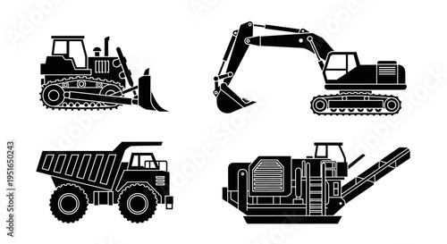 Heavy Construction Equipment Silhouettes Set on White Background.