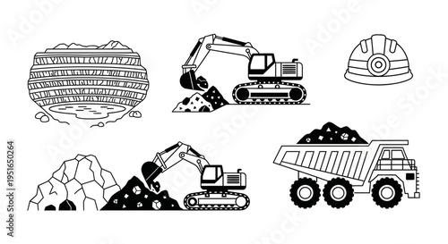 Mining and construction equipment with hard hat and piles of earth.
