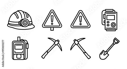 Mining and Construction Safety Equipment and Tools Line Art Icons.