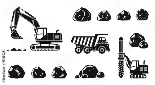 Mining and Construction Equipment with Rocks Black and White Illustration.