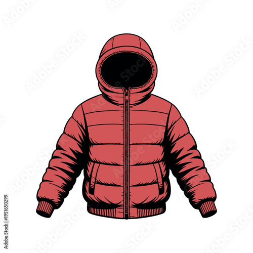 A vibrant red puffer jacket with a hood and zipper