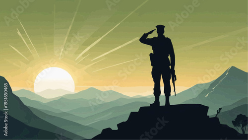 Army Soldier Saluting Silhouette on Hill Sunrise Tribute Vector Illustration