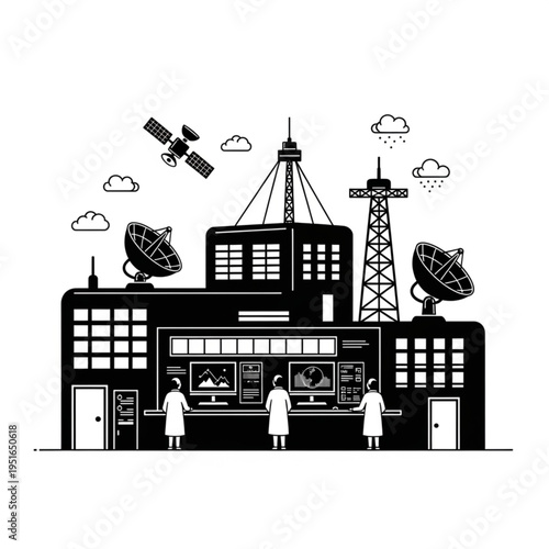 Illustration of a Weather Station with Scientists and Satellite.